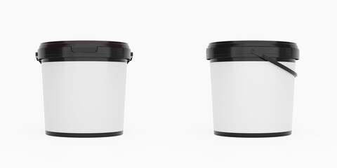 Black 1,5l plastic paint can / bucket / container with handle and blank label, isolated on white background.