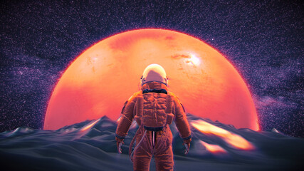 Wall Mural - Astronaut vor leuchtendem Planet | Science Fiction / Retrowave / Synthwave | 3D Render Illustration mit Leuchteffekten