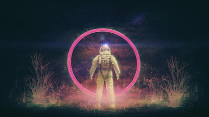 space traveler - astronaut | neon glowing synthwave / retro banner [3d render illustration] + sterne