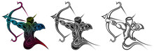 Three variants of the tattoo of a mythical abstract archer. Spirit with a bow. Set of silhouettes of a muscular man pulling an arrow over the aunt of his bow. Archer with bow and arrow. Sagittarius.
