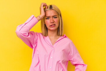 Young venezuelan woman isolated on yellow background forgetting something, slapping forehead with palm and closing eyes.