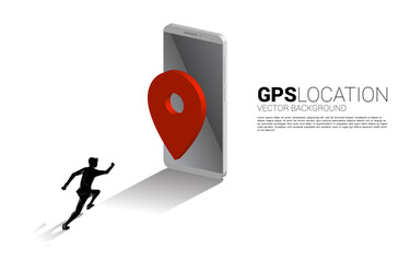 Aufkleber - silhouette of businessman running to 3D GPS pin marker and mobile phone. concept of location and facility place , GPS technology