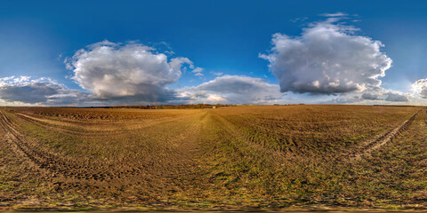 Wall Mural - full spherical hdri panorama 360 degrees angle view on among farming fields in autumn evening with awesome sunset clouds in equirectangular projection, ready for VR AR virtual reality content