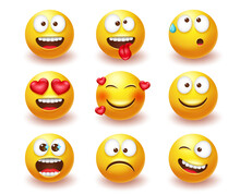 Smileys Emoticon Vector Set. Smiley 3d Emoji Characters With Expressions And Emotions Like Happy, In Love And Crazy In Yellow Face Icon For Cute Avatar Character Collection Design. Vector Illustration