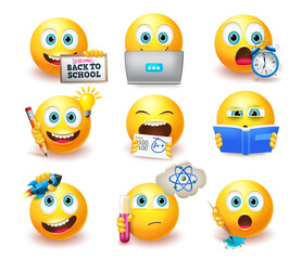 Poster - Smileys back to school emoticon vector set. Smiley emoji with educational pose and expressions like studying and thinking  for student emojis characters collection design. Vector illustration
