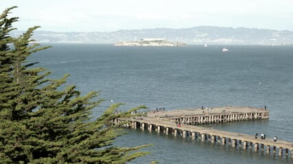 Sticker - Top view of the Alcatraz Island and people walking on the pier