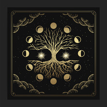 Magical Sacred Tree In Moon Phase Decoration With Engraving, Hand Drawn, Luxury, Celestial, Esoteric, Boho Style, Fit For Spiritualist, Religious, Paranormal, Tarot Reader, Astrologer Or Tattoo 