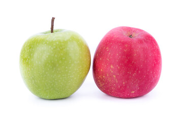 Two whole green and red apples on a white background, isolated