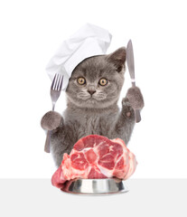 Poster - Kitten wearing chef's hat eats raw meat with knife and fork. isolated on white background