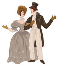 Couple Of Romanticism Epoch, Vintage Man And Woman