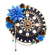 Beautiful vintage composition of blue and gold flowers, chains, gears and beads on a white background. Isolate. Tattoo style. Steampunk. 3d illustration.