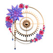Beautiful vintage composition of blue and gold flowers, chains, gears and beads on a white background. Isolate. Tattoo style. Steampunk. 3d illustration.