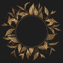 Vector luxury card template with round frame from hand drawn gold leaves isolated on black background. Floral elegant design for print, wedding invitation, brochure, card, cover