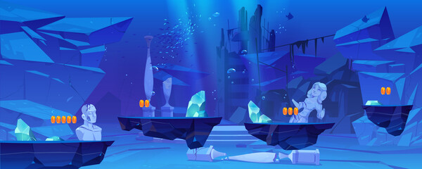 Poster - game level background with platforms under water in sea or ocean. underwater landscape with ancient 
