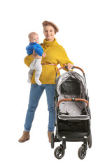 Canvas Print - Woman with her cute baby and stroller on white background