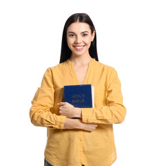 Wall Mural - Young woman with Bible on white background