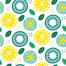Seamless Cute Vector Floral Summer Pattern With Fruits Lemon, Kiwi, Flowers, Plants, Leaves
