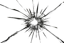 The Effect Of Cracks On Broken Glass From A Shot Of A Weapon. A Hole In The Glass Of The Bullet