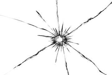  The effect of cracks on broken glass from a shot of a weapon. A hole in the glass of the bullet.