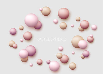 Poster - Vector dynamic background with colorful realistic 3d balls. Round sphere in pearls pastel colors on backdrop. Powder balls, foundation, powder, blush, meteorites.