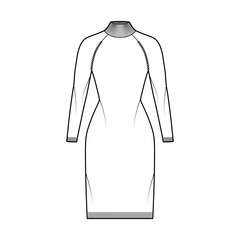 Wall Mural - Turtleneck dress Sweater technical fashion illustration with long sleeves, fitted body, knee length, knit trim. Flat jumper apparel front, white color style. Women men unisex CAD mockup