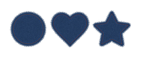denim circle, heart and star shapes with stitches. torn jean patch with seam. vector realistic illus
