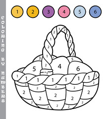 funny coloring by numbers coloring educational game. Vector illustration coloring by numbers educational game with cartoon Easter basket for kids