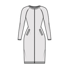 Wall Mural - Zip-up dress cardigan Sweater technical fashion illustration with rib crew neck, long raglan sleeves, fitted body, knit trim, pockets. Flat jumper apparel front grey color. Women men unisex CAD mockup