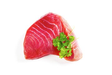 Wall Mural - fresh raw yellowfin sliced tuna steak isolated on a white background. bluefin tuna medallions