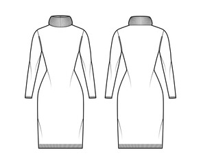 Wall Mural - Sweater dress Exaggerated Turtleneck technical fashion illustration with long sleeves, slim fit, knee length, knit rib trim. Flat apparel front, back, white color style. Women, men unisex CAD mockup