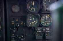 Close Up Of Old Vintage  Airplane Cockpit Flight Deck Control Panel