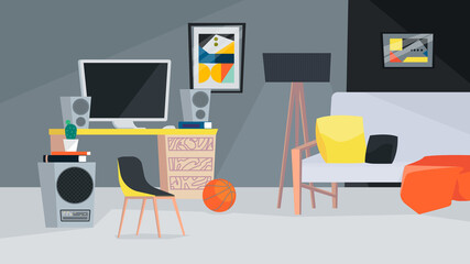 Poster - Men room interior, banner in flat cartoon design. Male apartment inside with workplace, computer on table, music columns, sofa with pillows, ball and decor. Vector illustration of web background