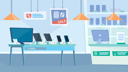 Aufkleber - Gadget shop interior, banner in flat cartoon design. Table with monitor, smartphones and tablets, showcase of electronics store, cash desk, discount offers. Vector illustration of web background