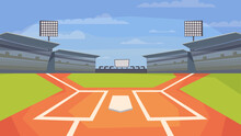 Baseball Stadium View, Banner In Flat Cartoon Design. Sports Center Field For Game, Base, Spotlights, Stands With Seats For Spectators. Competitions Concept. Vector Illustration Of Web Background