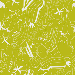  Seamless repeating pattern with vegetables. Abstract trendy illustrations on green background