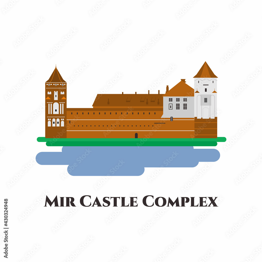 Mir Castle flat icon. The Mir Castle Complex is a historic fortified castle and a UNESCO World Heritage site in Belarus. Magnificent place and definitely worth visiting. Vector illustration - obrazy, fototapety, plakaty 