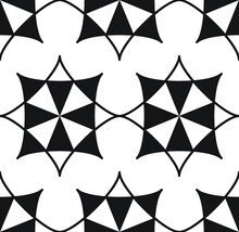 Star And Cross Curved Diamond Repeat Pattern In Black And White, Geometric Vector Illustration