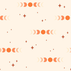 Seamless pattern with moon phases. Boho wall art. Trendy texture for print, textile, packaging.