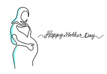 One continuous line drawing of muslim woman pregnant with hand drawn lettering happy mother's day isolated on white background. Young muslim mom waiting for the birth of a child. Vector illustration