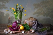 Spring Still Life With Vegetables And Narcissus