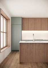 Wall Mural - Japandi style kitchen interior design. modern scandinavian apartment with wooden furniture and large window. 3d rendering vertical background