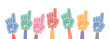Fan foam fingers. Number 1. Hands up with glove, stadium supporter pride accessory. First place in competition. Vector illustration