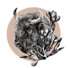 Bison Head In Profile Decorated With Tropical Flowers On The Neck, Sketch Vector Graphics Monochrome Illustration On A White Background