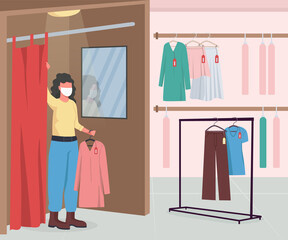 Poster - Clothing shop during epidemic flat color vector illustration. Hangers with clothes and apparel. Woman in dressing room wearing medical mask 2D cartoon character with store interior on background