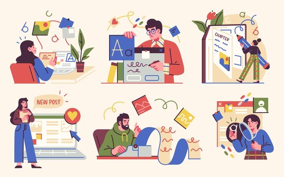 Professional Writer, bloggers, journalists, screenwriter, copywriter, author concept illustration set. Creative people writing texts. Vector illustration