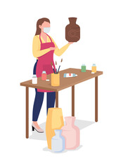 Poster - Woman painting clay vase flat color vector faceless character. Creative hobby during pandemic. Female artist. Pottery workshop isolated cartoon illustration for web graphic design and animation