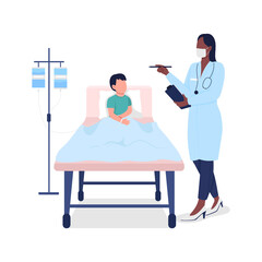 Poster - Doctor with child patient flat color vector faceless character. Medical treatment. Recovery in hospital. Healthcare isolated cartoon illustration for web graphic design and animation