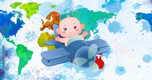 Obraz Dibond Composition of baby in airplane over multi coloured world map over blue ink splodges on white