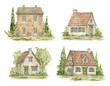 Watercolor cute rural houses and trees. Village architecture landmark, old buildings, countryside summer, old european town