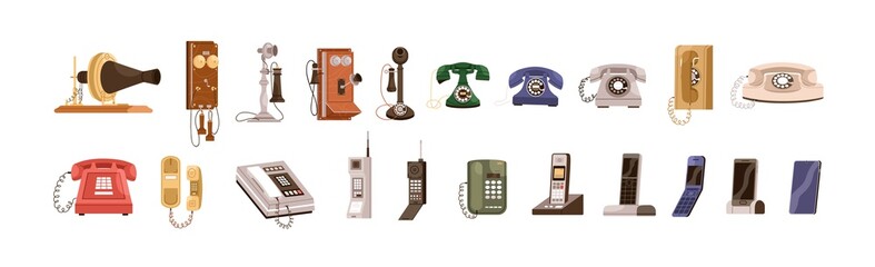 Aufkleber - Phone evolution from old vintage telephones to modern wireless devices. Realistic communication gadgets of different generations. Colored flat graphic vector illustration isolated on white background
